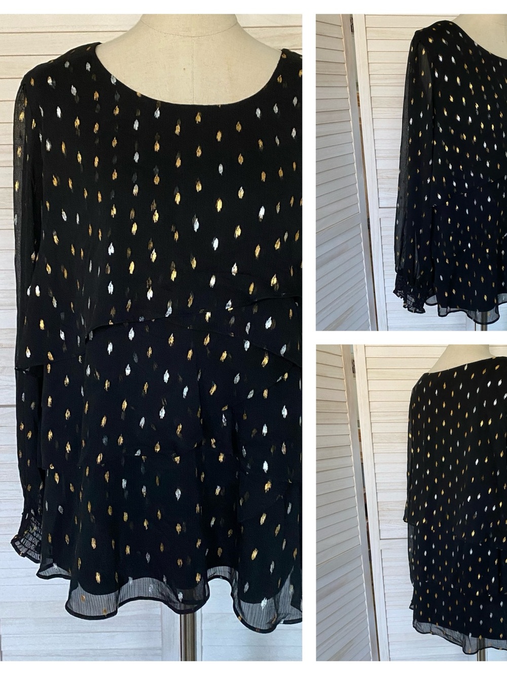 Rose & Everly  Black Tiered Top With Gold/Sliver Metallic Details SZ XXL NWT